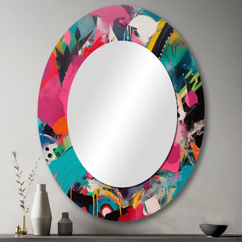 Rose et turquoise abstrait Enigma II - miroir abstrait, miroir mural décoratif moderne, impression d'art en métal, Ovale