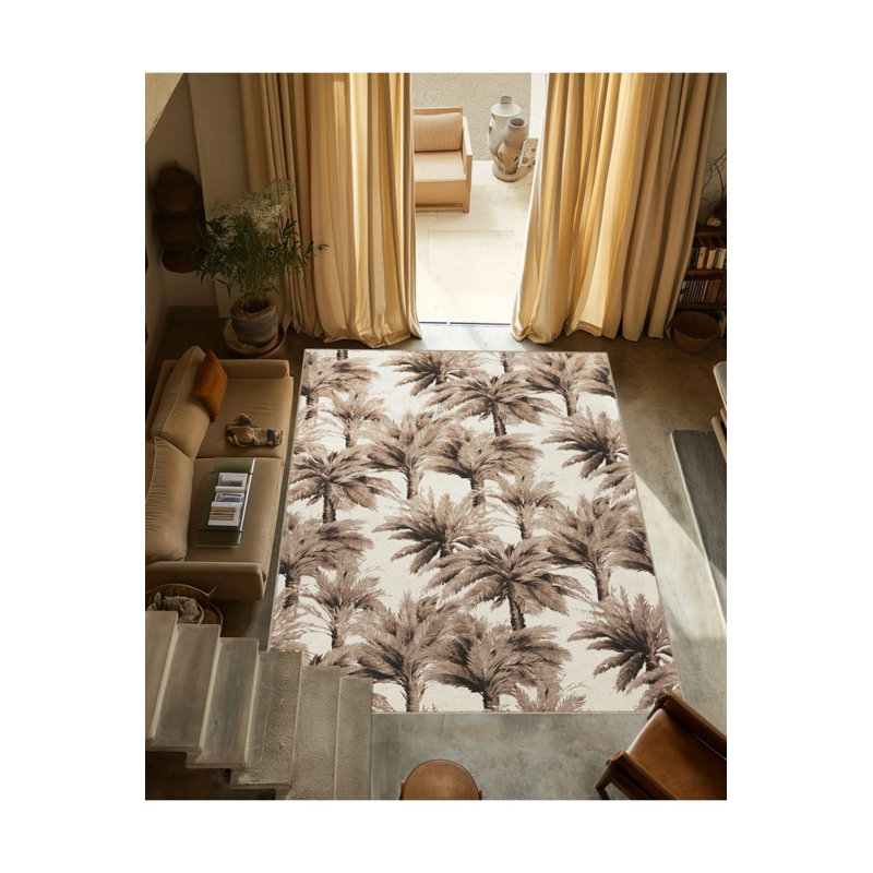 Beige Themed Tropical Design Palm Tree Patterned Modern Decorative Carpet, Rectangle 2'4" x 4'