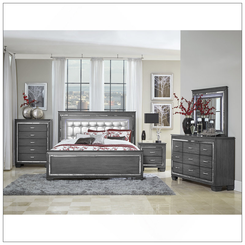 Table de chevet 1 pièce de style glamour avec 2 tiroirs, éclairage à DEL, faux cristaux et poignées de bar, finition grise pour les chambres à coucher modernes