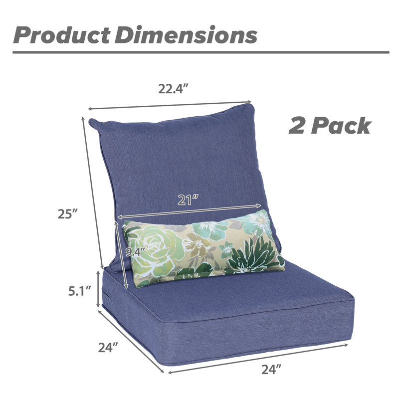 Lucy Outdoor Seat and Back Cushion（Set of 2 Seats, 2 Backs, 2 Pillows), Chambry Blue
