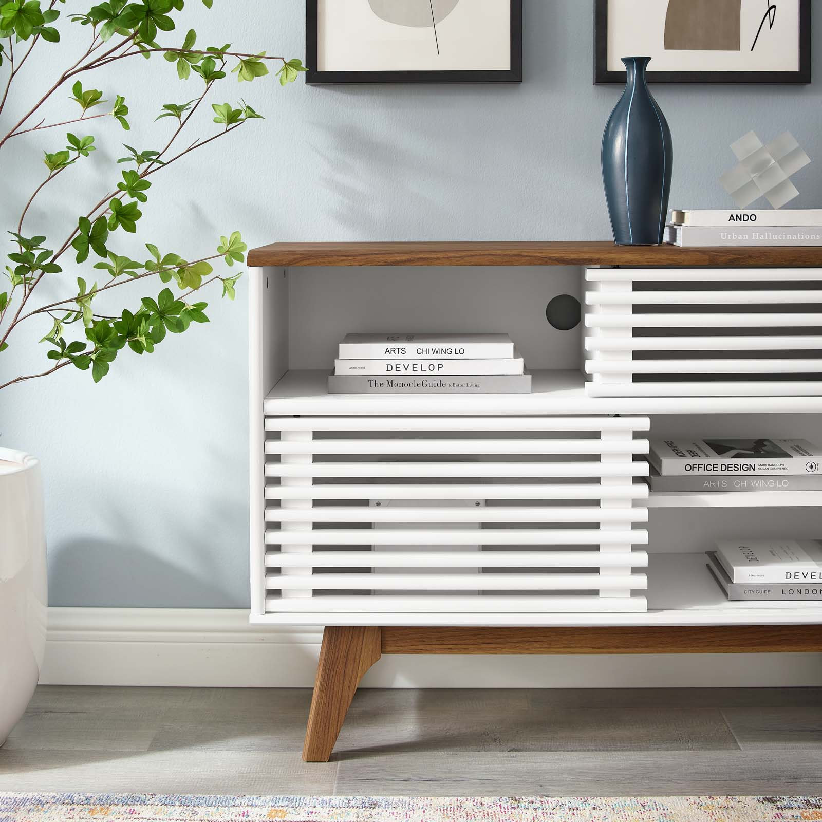 Render TV Stand, Walnut/White