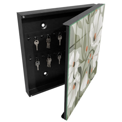 Key box, Opens to the left, 30x30x5, White, White flowers on a green background, 