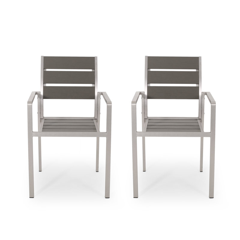  Chaises de salle à manger d'extérieur modernes en aluminium avec siège en faux bois et structure résistante à la rouille, gris, ensemble de 2