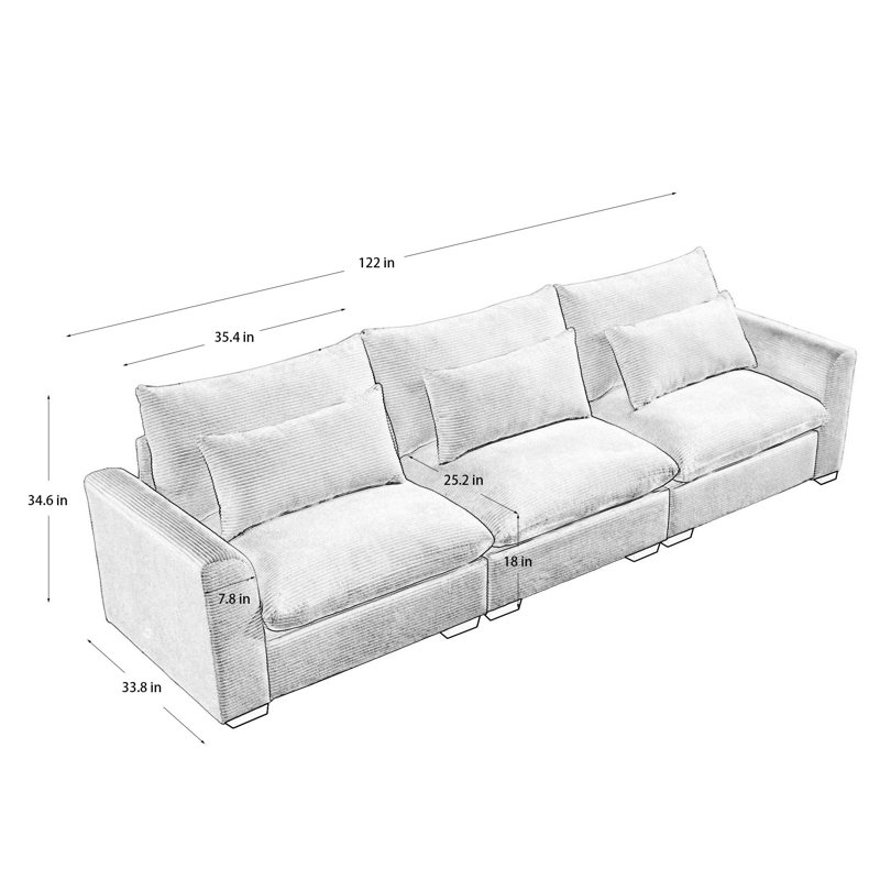 122'' Corduroy Sofa, Black Corduroy