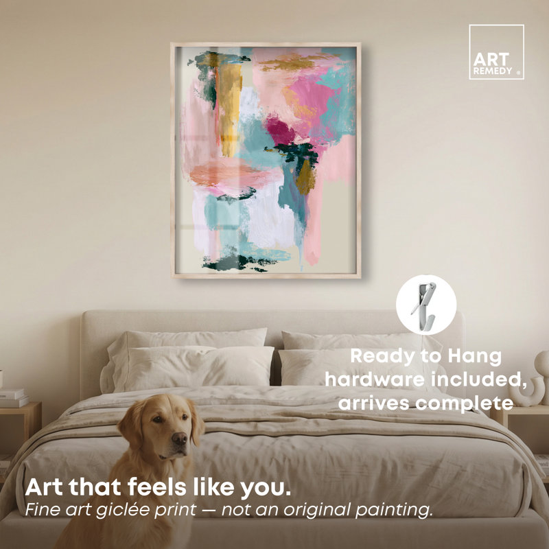 «Fuchsia Dream III Shadowbox Print», art abstrait moderne par, H 36 po x l 30 po, Cadre en chêne naturel