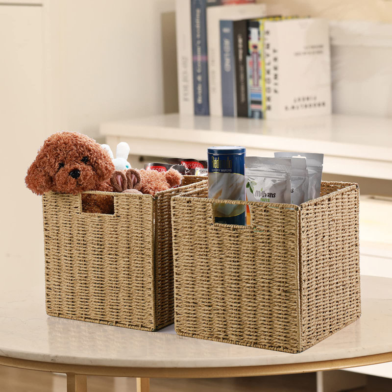 Upgraded Square Paper Rope Wicker Storage Basket For Home Organization And Decor, Farmhouse Style, Set Of 2, Clear