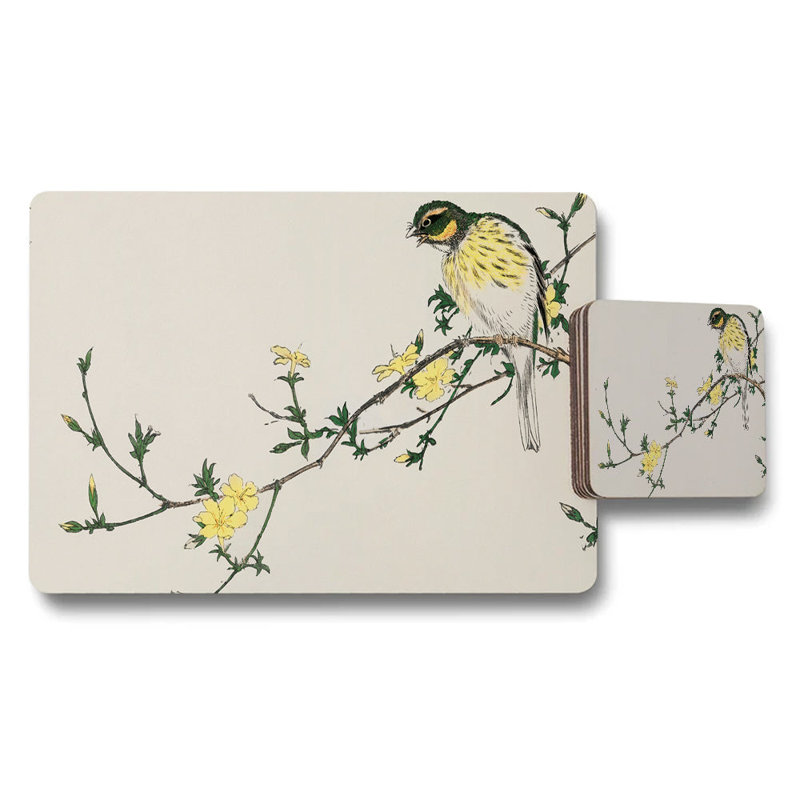 Birds On Branch Floral Placemat And Coaster Set With Yellow Flowers