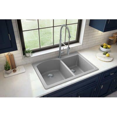 Karran Drop-in Quartz Composite 33'' X 22'' 1-Hole 60/40 Double Bowl Kitchen Sink
