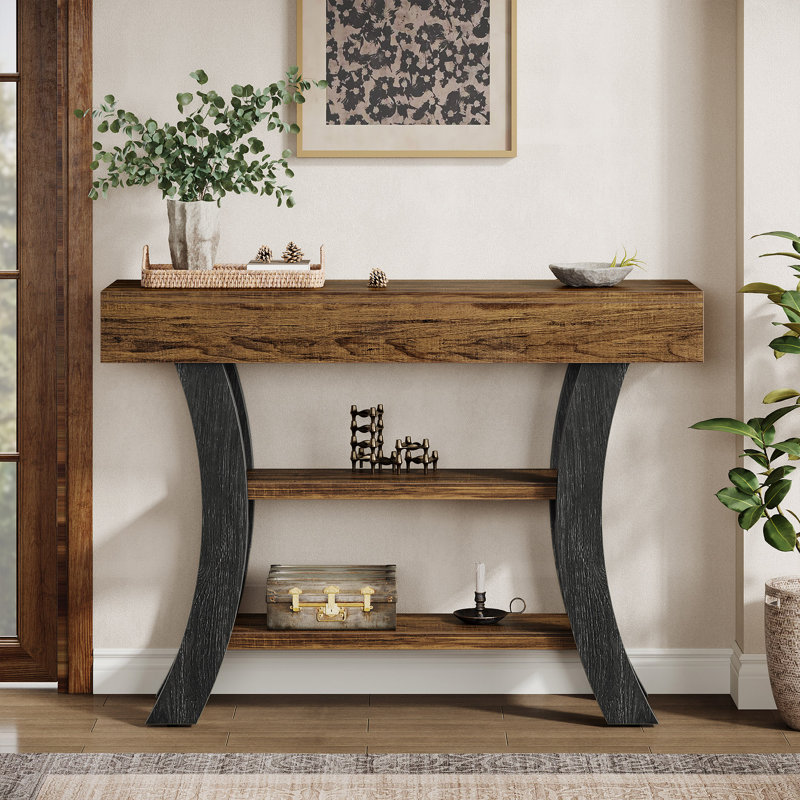 41" Console Table With Storage Shelves And Curved Frame, Brown/Gray
