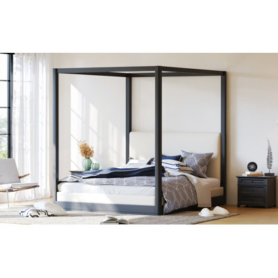 Wood Queen Size Canopy Platform Bed with Upholstered Headboard, Sleek Minimalist Design for Modern Bedrooms
