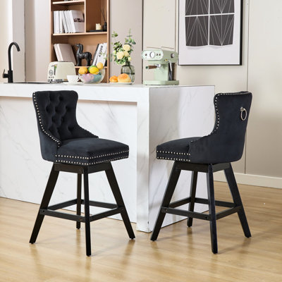 Velvet With 360-Degree Swivel Seat And Button Ornament, Wooden Legs, Nailhead Trim, Soft Foam & Steel Spring Filler, Curved Back, Black, Of 2 For Dining Decoration, Cushion, 2 Space