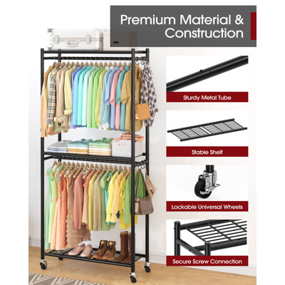 Clothes Rack - 33.0" x 12.2" x 79.5" Clothing Rack with Shelves & Wheels, Multi-Functional Wardrobe Closet with Hooks, Sturdy Metal Garment Rack for Bedroom, Laundry, Balcony (Black)