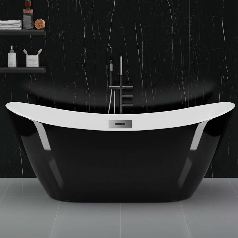 59" Freestanding Acrylic Bathtub, Deep Soaking Tub with Non-Slip Base & Chrome Drain, cUPC Certified, Modern Tub for Bathrooms, Black Ingot