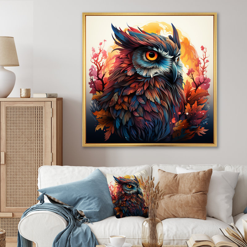 «Blue and Orange Mysterious Owl Forest IV», art mural hibou, Cadre flottant doré, H 16 po x l 16 po x P 1 po