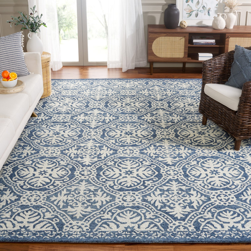 Salerna Micro-Loop Hand Tufted Wool/Cotton Damask Rug in Blue/Ivory, Rectangle 8' x 10'