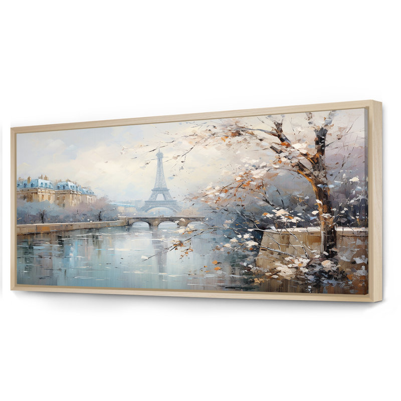 Hiver Paris, Tour Eiffel, charme de ville I - Paris, art mural, Cadre flottant brun, H 28 po x l 60 po x P 1,5 po
