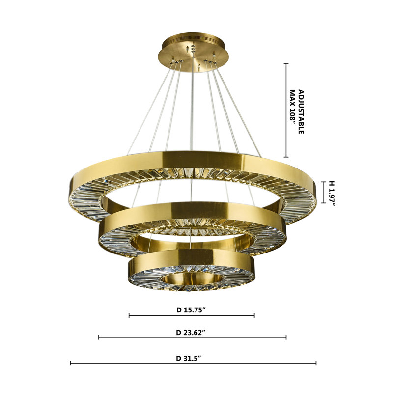 This Exquisite 3-Tier LED Chandelier Is In A Gold Finish. The Frame Is Made Out Of Metal, And It Comes With Clear Crystal Diffusers. The LED Bulbs Are Integrated Into The Frame. The Adjustable Cord Links Make This Fixture Suitable For Most Ceiling Heights