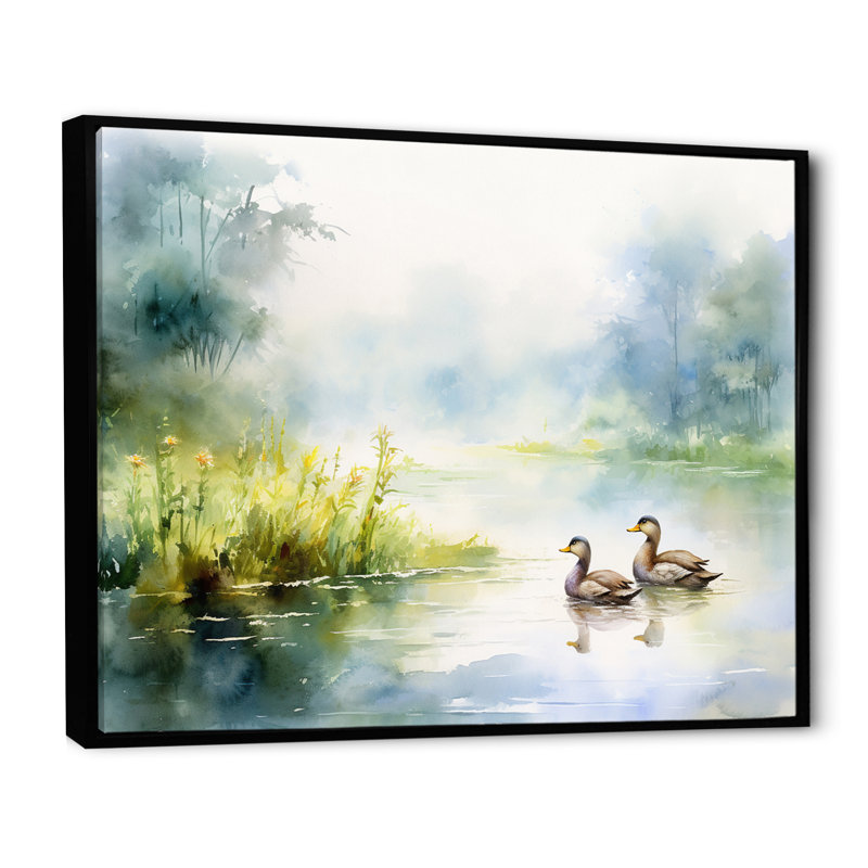 Canards qui nagent à l'aquarelle d'un étang printanier, H 30 po x l 40 po x P 1,5 po, Cadre flottant noir