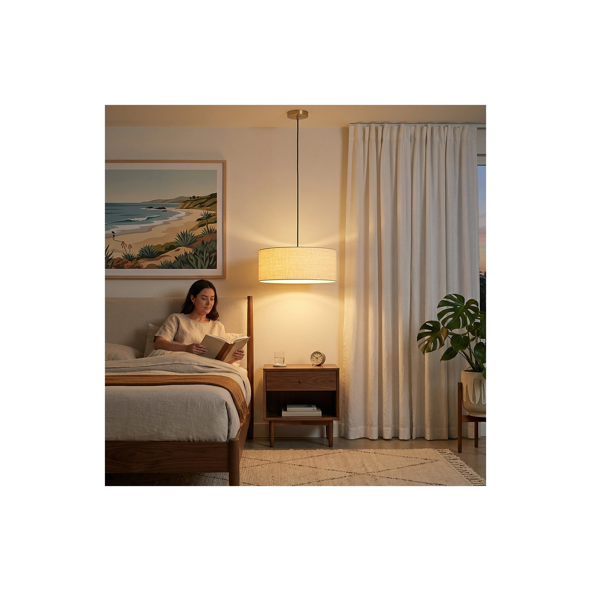 Stretch Pendant, White Linen Shade, Weathered Brass, White