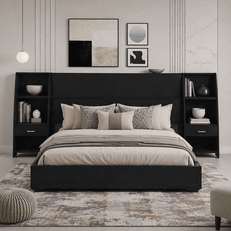 Base de lit plateforme avec rangement moderne, tête de lit tapissier avec bibliothèques latérales et tiroir, King, Black