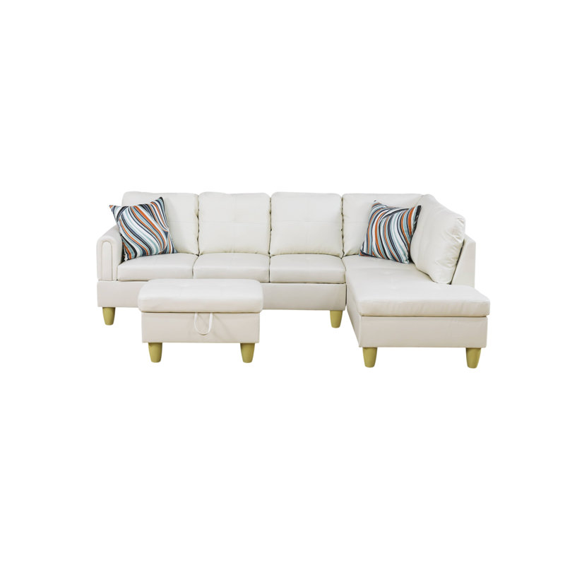 Canapé modulaire blanc en forme de L, Mélange de polyester blanc, Accoudoir à droite (vu de face)