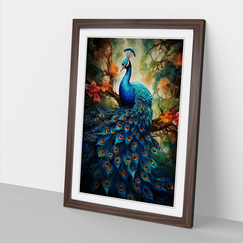 Peacock Contemporary - Single Picture Frame Print on Wood, 46cm H x 34cm W x 2" D, Walnut Framed