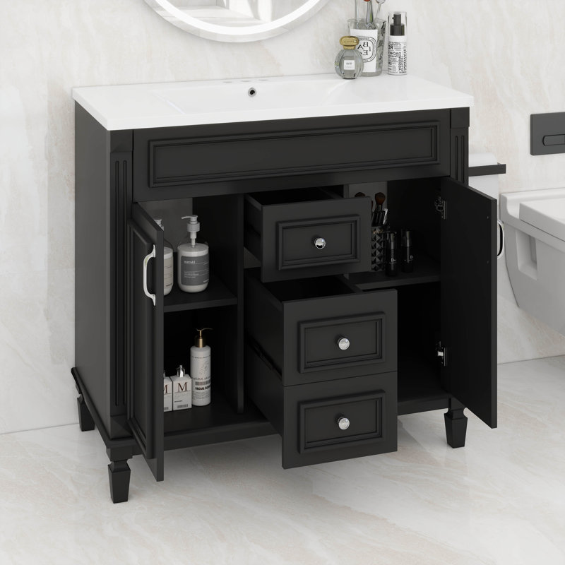 Meuble-lavabo de 36 po avec lavabo supérieur, conception moderne, Noir