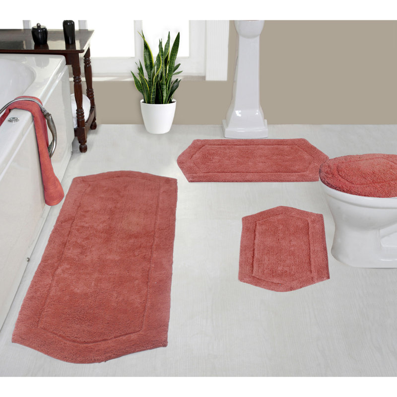 Delean 100% Cotton Bath Rug, Non-Slip, Quick Dry, Machine Washable, Absorbent - 4 Piece Set, Coral