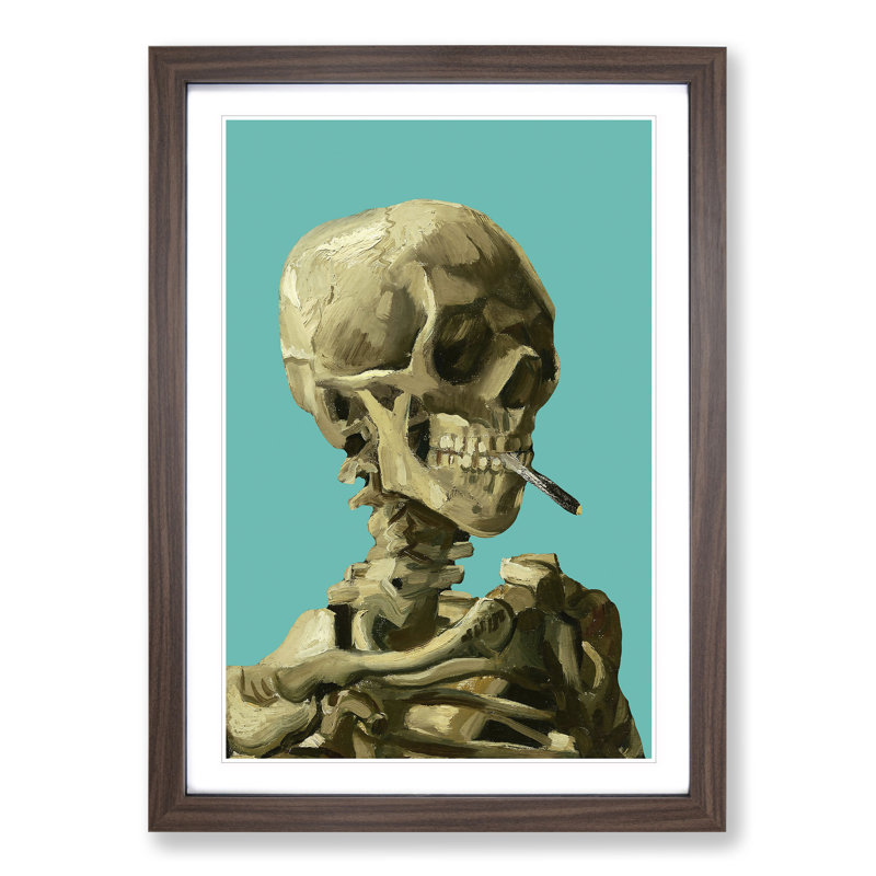 Teal Skull of a Skeleton with Cigarette by Vincent Van Gogh - Picture Frame Graphic Art on MDF, 36cm H x 27cm W x 2cm D