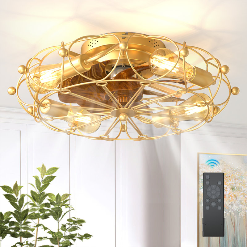 20" Low Profile Caged Flush Mount Ceiling Fan With Light And Remote Control, 6-Speed Reversible, Gold