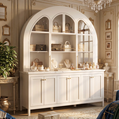 Arched Glass Door Display Cabinet with Smart LED Lighting, Modern Curio Cabinet with Adjustable Shelves for Living Room, Bedroom, Bar and Collection Storage