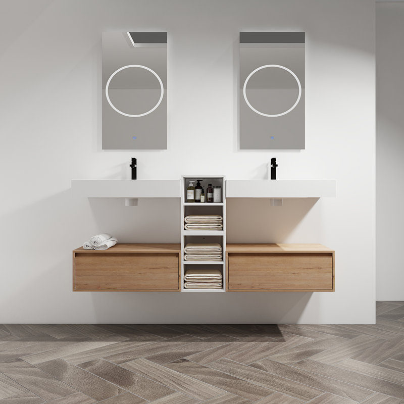 Meuble-lavabo mural 72 po avec lavabo en résine, tiroir à fermeture en douceur et fixation flottante