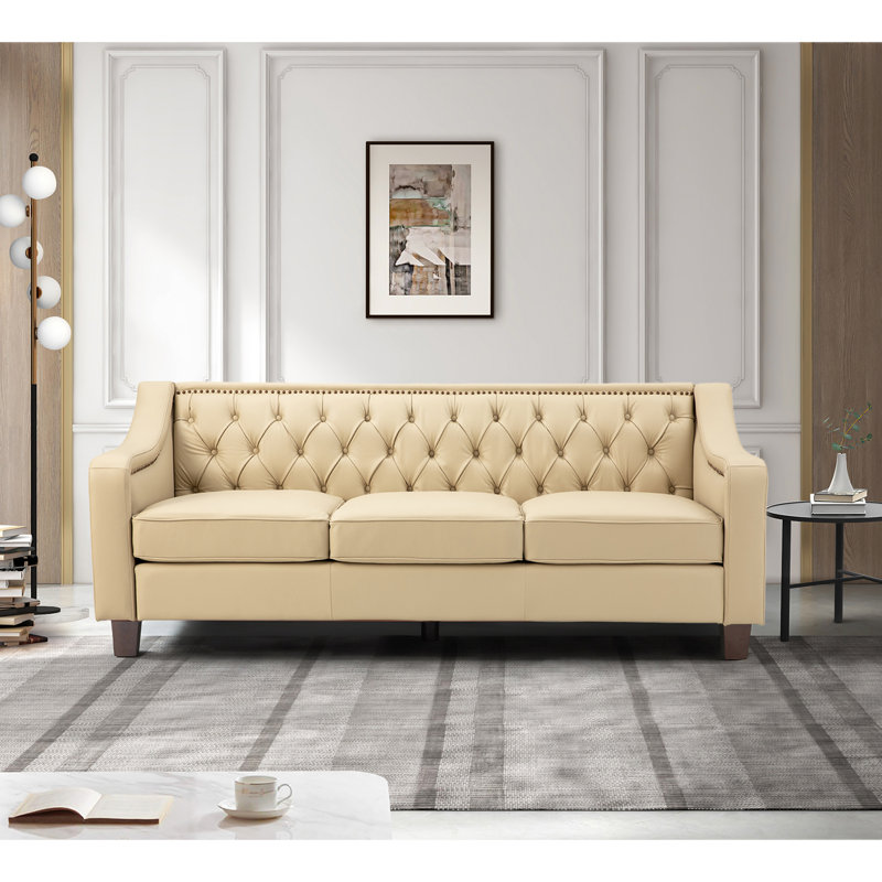 Bethea 81.28" Genuine Leather 3-Seat Sofa with Tufted Back, Beige Genuine Leather