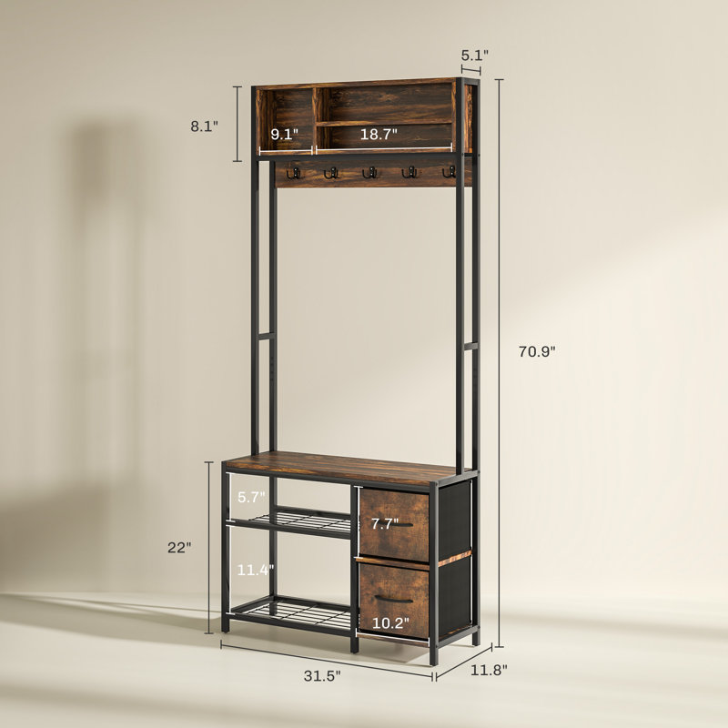 Hall Tree With Bench And Shoe Storage, 5-In-1 Entryway Bench With Coat Rack, 3 Storage Compartments, 5 Coat Hooks, 2 Fabric Drawers, Distressed