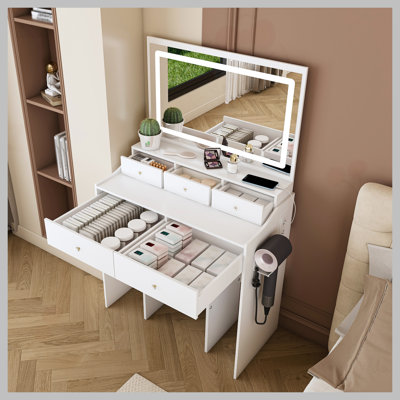 New Large Mirror Vanity Desk for Bed room , Modern Makeup Vanity Set with Power Outlet and Hair dryer holder, 5 Drawers , 3 Lighting Color Adjustable by Ebern Designs
