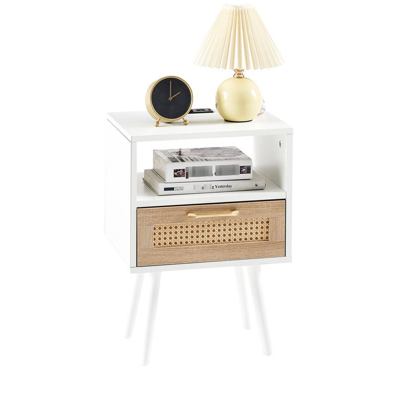 15.63" Side Table With Drawer And Body - Modern Nightstand For Office. White Solid Wood Legs, Woven Exterior, Practical Office Furniture Bedroom Material, Door Panels,