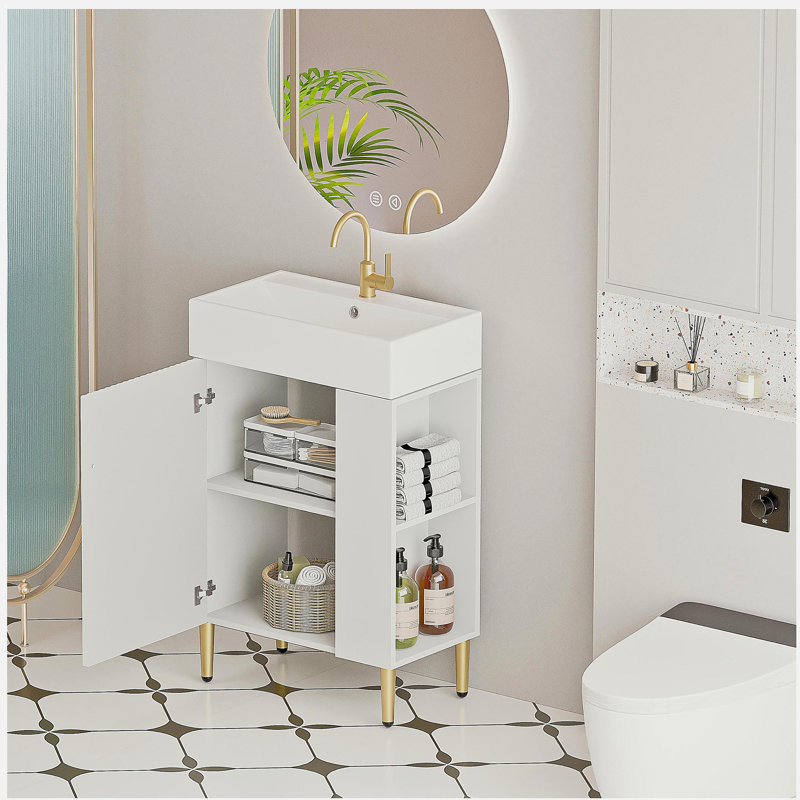 Le meuble-lavabo de salle de bain à tablette ouverte, avec auge en céramique et porte à fermeture douce, avec une armoire de rangement à tablette ouverte à droite, nécessite un assemblage
