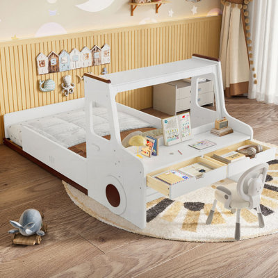 Lit simple au sol avec conception en forme de voiture intéressante, lit de voiture pour enfants avec tiroirs de rangement, fenêtre et bureau