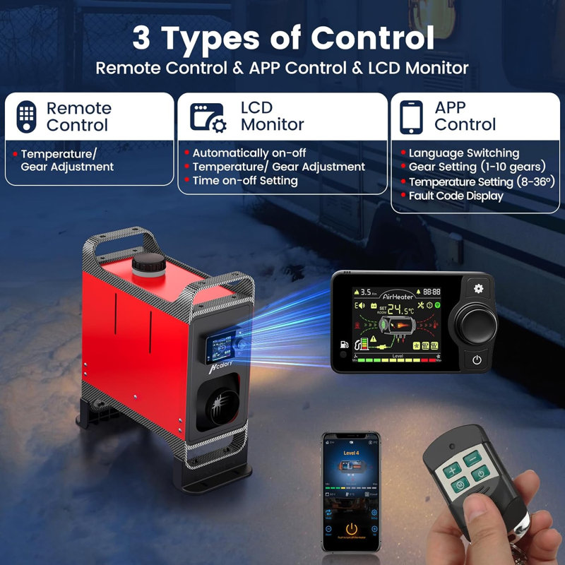 8KW Diesel Heater with Upgraded Base, 12V 24V Portable Gas All-in-One Heater with Bluetooth APP Control, Fixed Bracket