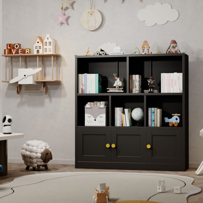 Freestanding Corner Metal Kids Bookshelf Bookcase with 3 Doors and 5 Open Cubbies