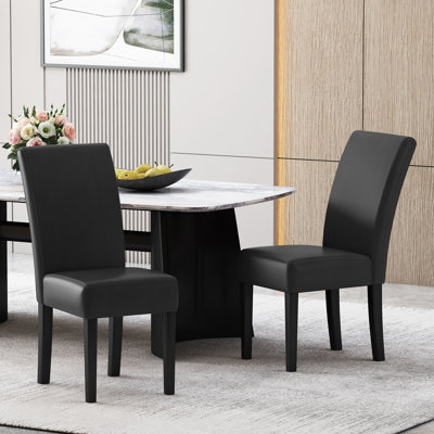 Dining Side Chair Set Of 2, Black Rubberwood, Faux Leather Cushions