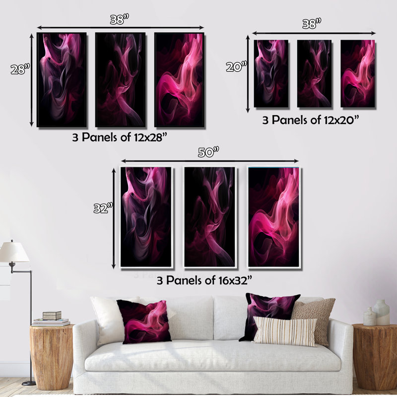 "Rose et noir", 3 pièces sur toile, H 28 po x l 36 po, Toile tendue
