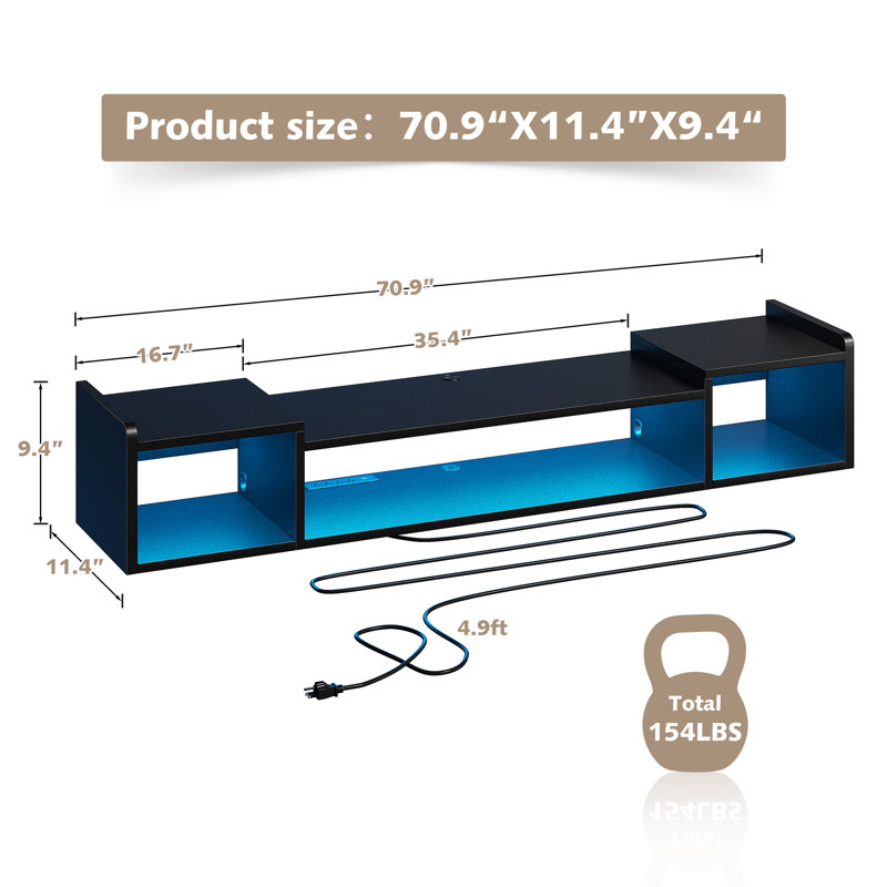 Floating & Floor Tv Stand With Built-in Outlets, Led Lights & Cable Management - 55"/71" Modern Media Console, Black