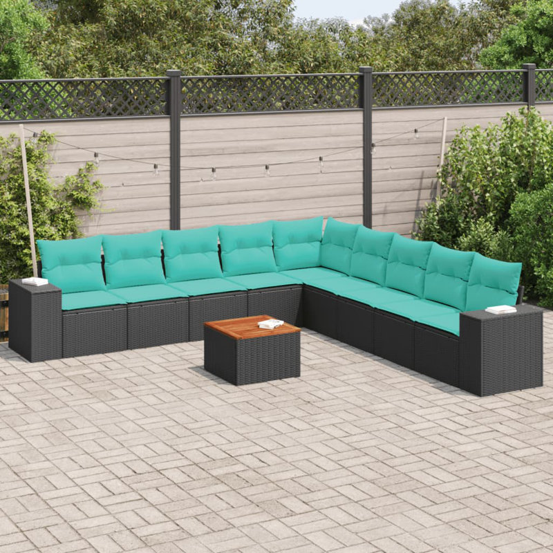Ensemble de canapé de patio 10 pièces avec coussins en rotin de polyester, Bleu clair, Noir