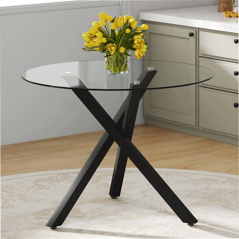 Table de salle à manger ronde en verre: 39 po de diamètre, 30 po de hauteur, structure en métal en forme de X, parfaite pour la salle à manger, la cuisine et les petits espaces, élégante et fonctionnelle.