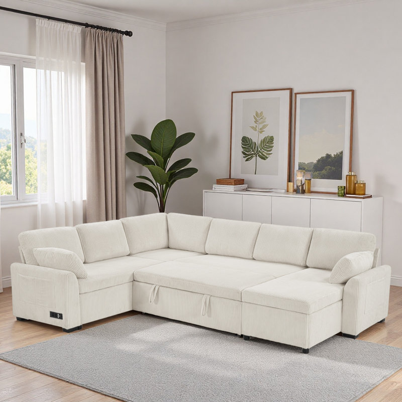 Canapé-lit modulaire convertible avec méridienne réversible, poches de rangement et dispositifs de chargement, Chenille beige