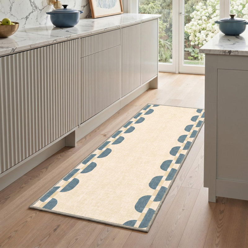 Tapis de couloir géométrique ivoire / bleu lavable à la machine avec envers antidérapant, Tapis de couloir de 2 pi x 7 pi