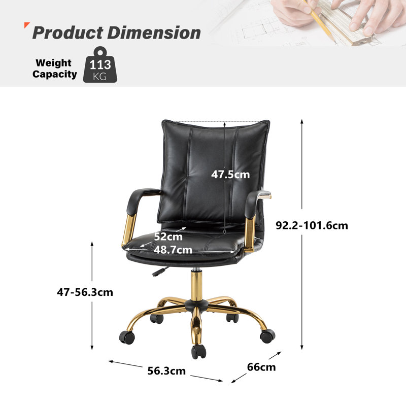 Gedrie Modern Faux Leather Swivel Office Chair, Black, Gold
