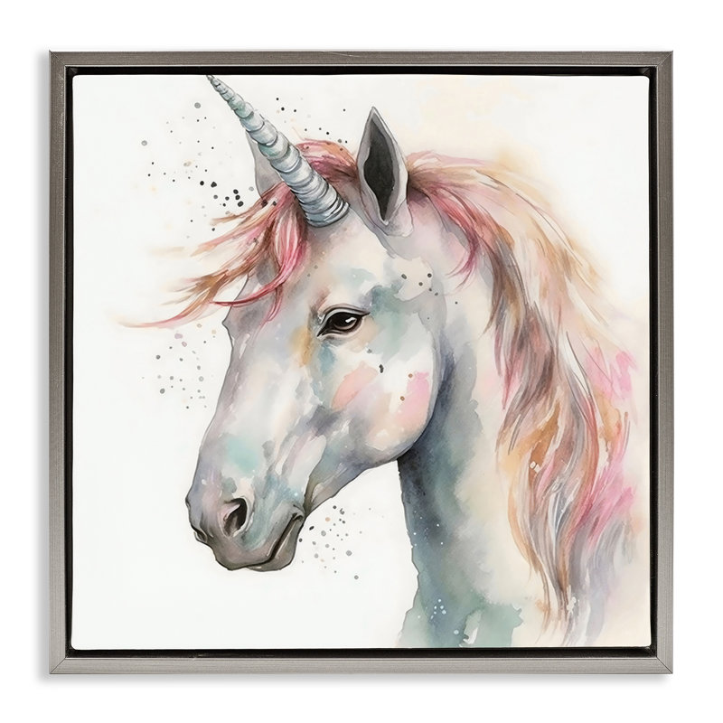 Licorne avec cadre flottant à crinière rose, design Creative Studio, H 25 po x l 25 po, Cadre flottant gris lustré
