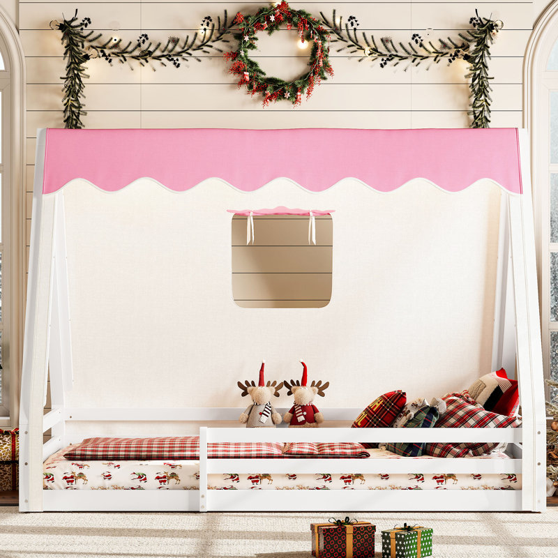 Lit simple - Lit inspiré avec tipi blanc + rose, tente et garde-corps pleine longueur, plancher en bois de qualité, tente en bois massif, garde-corps pour un sommeil sécuritaire